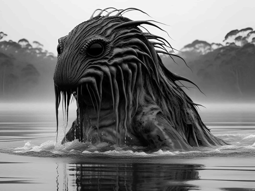 A bunyip emerging from the murky water.