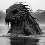 A bunyip emerging from the murky water.